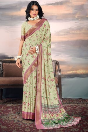 Pastel Green Floral Print Pure Cotton Silk Saree