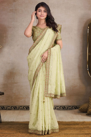 Pastel Green Organza Jacquard Saree with Embroidered Blouse