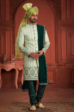Pastel Green Pure Silk Wedding Wear Sherwami