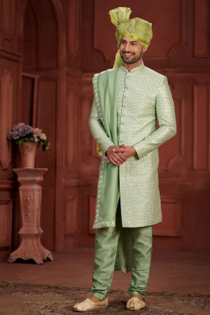 Pastel Green Pure Silk Wedding Wear Sherwani