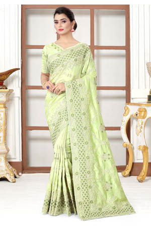Pastel Green Resham Embroidered Silk Saree
