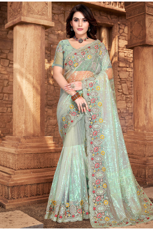 Pastel Green Sequins Embroidered  Net Saree