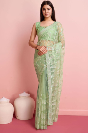 Pastel Green Sequins Embroidered Net Saree