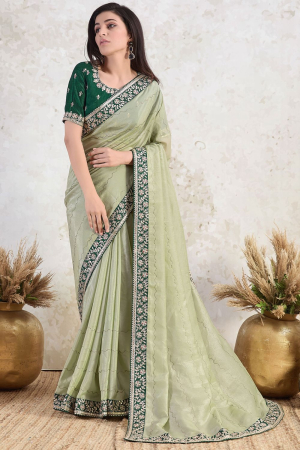 Pastel Green Tissue Saree with Embroidered Blouse