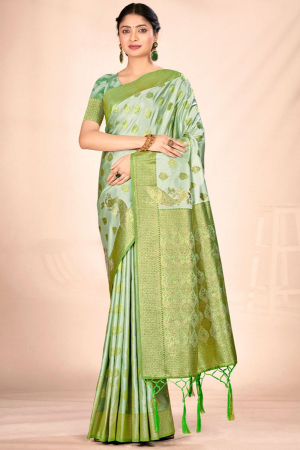 Pastel Green Zari Woven Satin Silk Saree