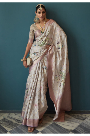 Pastel Mauve Floral Print Woven Silk Saree