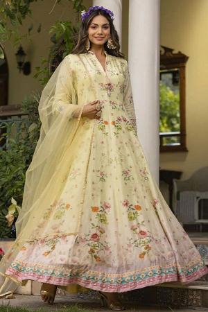 Pastel Yellow Dola Silk Anarkali Gown with Dupatta