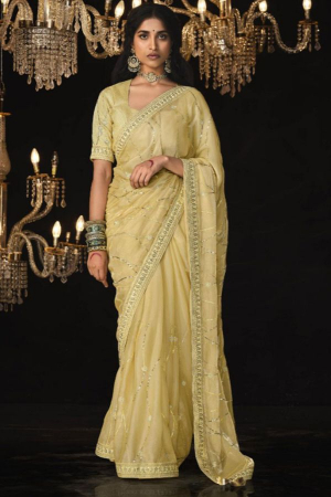Pastel Yellow Embroidered Designer Saree for Ceremonial