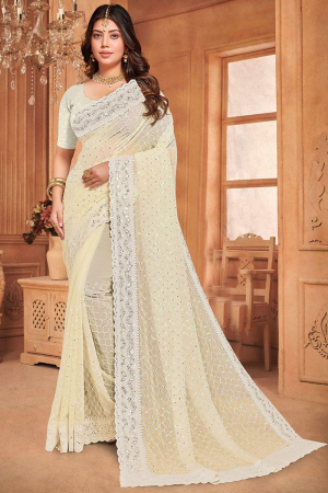 Pastel Yellow Embroidered Georgette Saree
