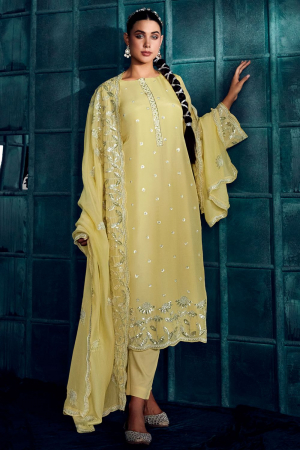 Pastel Yellow Embroidered Modal Silk Plus Size Suit