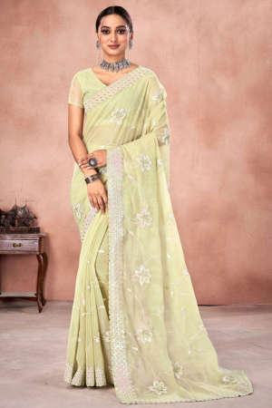 Pastel Yellow Embroidered Shimmer Saree