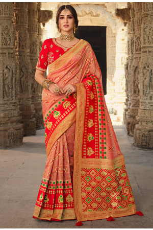 Peach and Hot Red Silk Saree with Embroidered Blouse