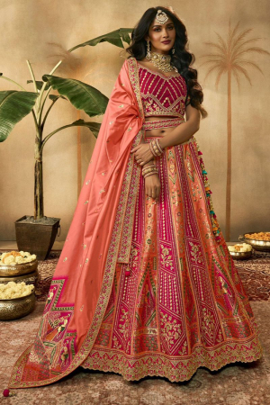Peach and Rani Pink Banarasi Silk Designer Lehenga Choli for Bride
