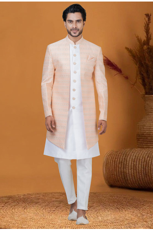 Peach and White Jacquard Silk Indo Western Outfit