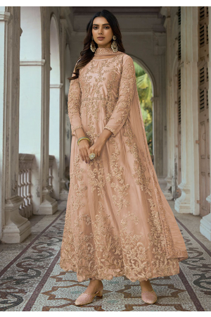 Peach Apricot Embroidered Net Pant Kameez
