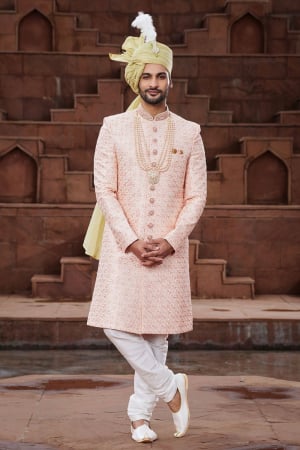 Peach Art Silk Designer Sherwani