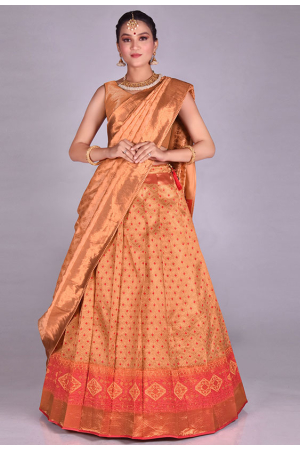 Peach Banarasi Silk Zari Weaving Lehenga Choli Set