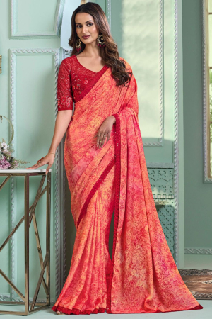 Peach Chiffon Silk Saree with Embroidered Blouse