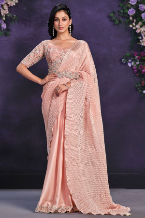 Peach Crepe Satin Silk Designer Ready to Wear Saree