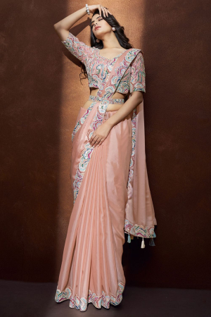 Peach Crepe Satin Silk Saree with Readymade Blouse