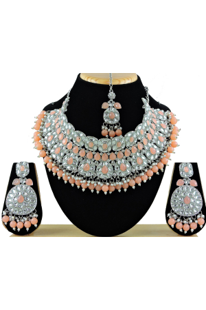 Peach Designer Necklace Set with Maang Tikka