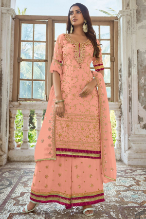 Peach Embroidered Faux Georgette Palazzo Kameez