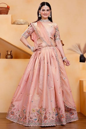 Peach Embroidered Georgette Lehenga Choli