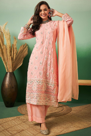 Peach Embroidered Georgette Palazzo Kameez