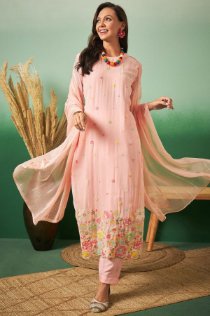 Peach Embroidered Georgette Pant Kameez