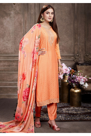 Peach Embroidered Muslin Suit