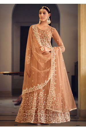 Peach Embroidered Net Anarkali Suit