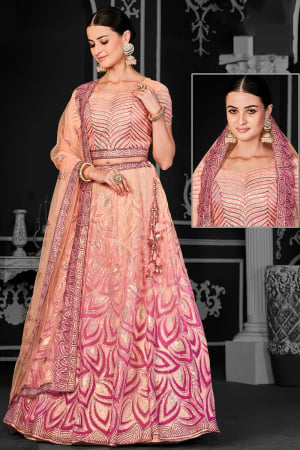 Peach Embroidered Net Designer Lehenga Choli