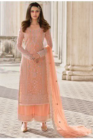 Peach Embroidered Net Palazzo Kameez