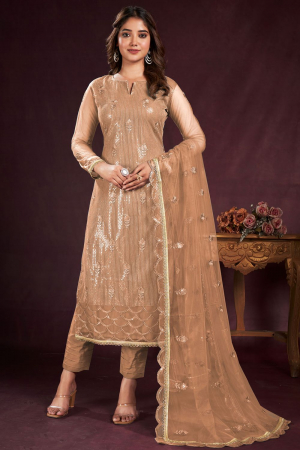 Peach Embroidered Net Plus Size Suit