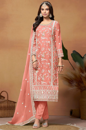 Peach Embroidered Organza Pant Kameez