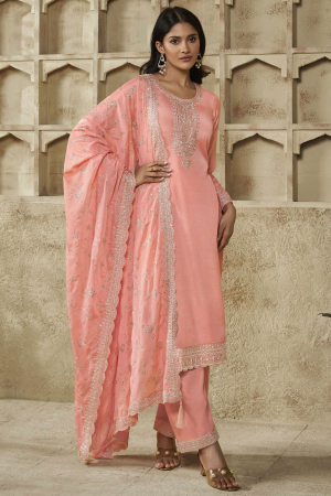 Peach Embroidered Party Wear Palazzo Kameez