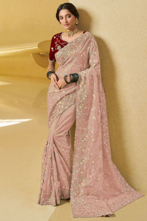 Peach Embroidered Party Wear Saree