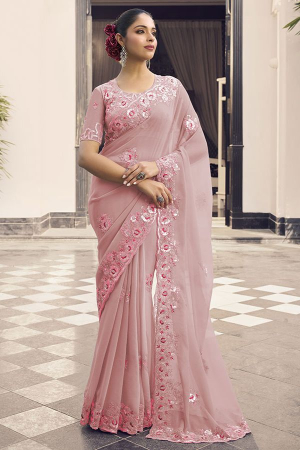 Peach Embroidered Party Wear Saree