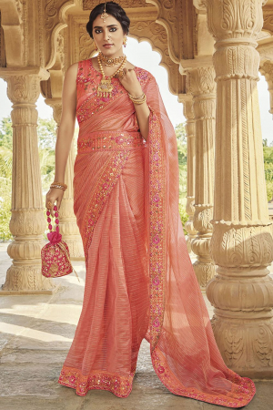 Peach Embroidered Saree for Ceremonial