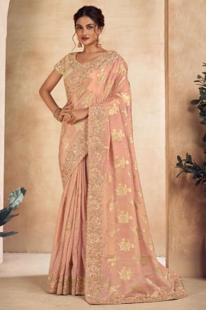 Peach Embroidered Viscose Jacquard Designer Saree