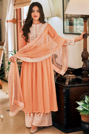 Peach Georgette Embroidered Palazzo Suit