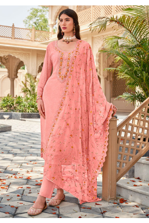 Peach Georgette Embroidered Pant Kameez Suit