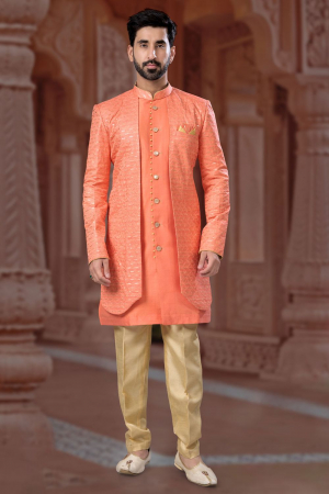 Peach Heavy Wedding Wear Indo Sherwani