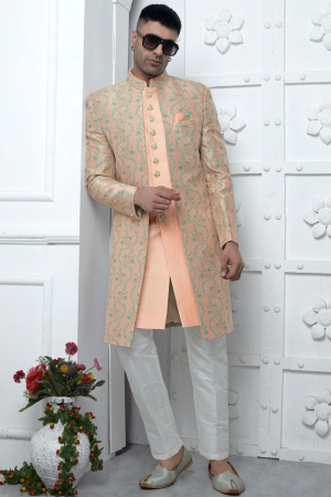 Peach Jacquard Silk 3 Pc Indo Western Outfit