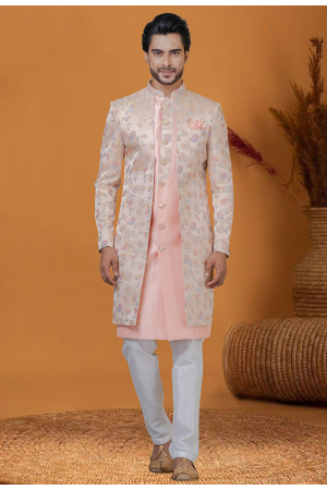 Peach Jacquard Silk Indo Western Outfit