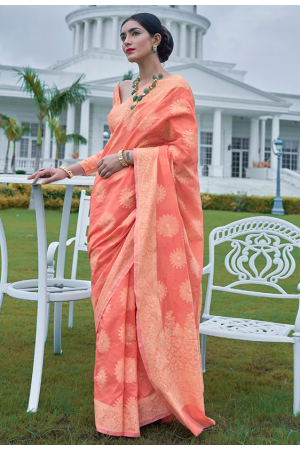 Peach Lucknowi Woven Silk Saree