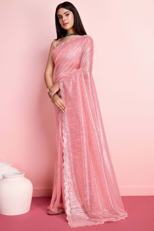 Peach Net Embroidered Party Wear Saree