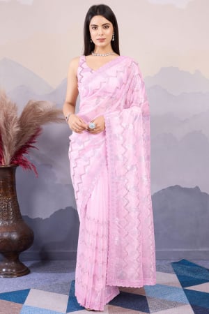 Peach Net Sequins Embroidered Saree