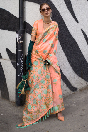 Peach Parsi Weaving Handloom Silk Saree