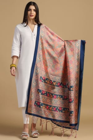 Peach Printed Assam Silk Dupatta